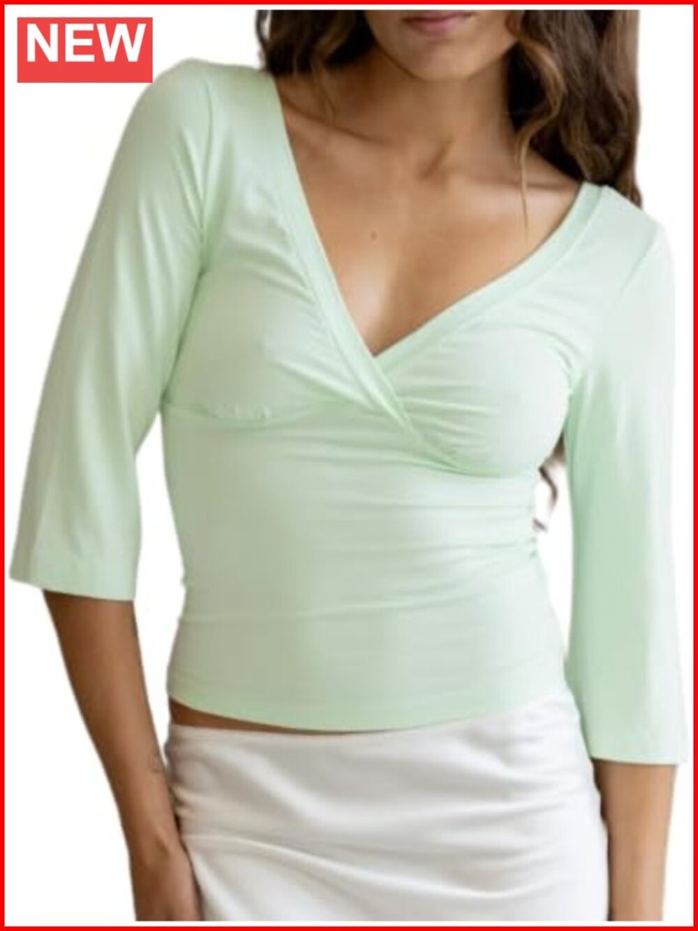 Women 3/4 Sleeve Wrap V-Neck Ruched Fitted Crop Top Y2K Going Out